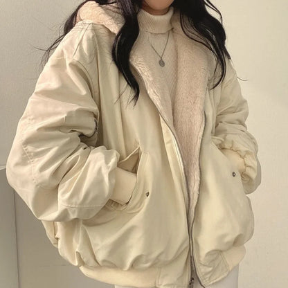 Cralom Women's Cashmere Padded Hooded Jacket Double-Sided Lamb Wool Coat