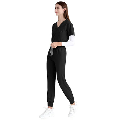 Cralom Women's Stretch Scrubs Set - Top Jogger Pants Nursing Uniform