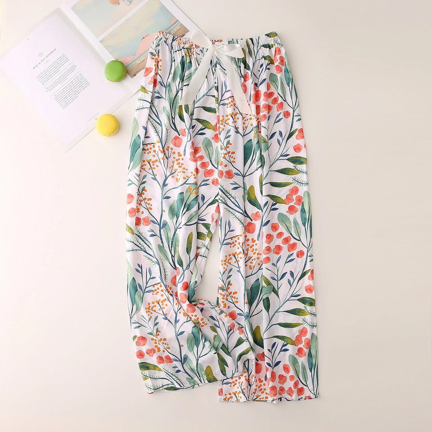 Cralom Floral Cotton Silk Pajama Pants Women's Loose Wide-leg Trousers
