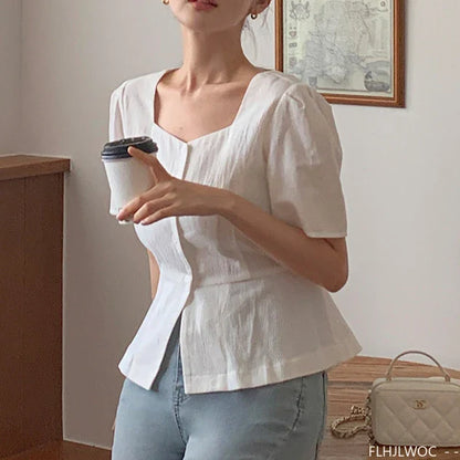 Cralom Retro Summer Crop Tops: Chic Bodycon Slim Fit Peplum Button Shirts
