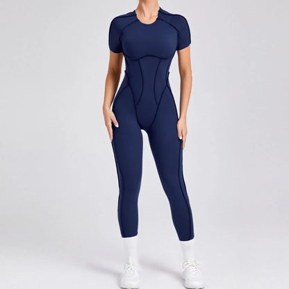 Cralom Seamless Backless Yoga Bodysuit - Short Sleeve Long Pants