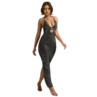 Cralom Rhinestone V-neck Sleeveless Maxi Dress for Summer 2025