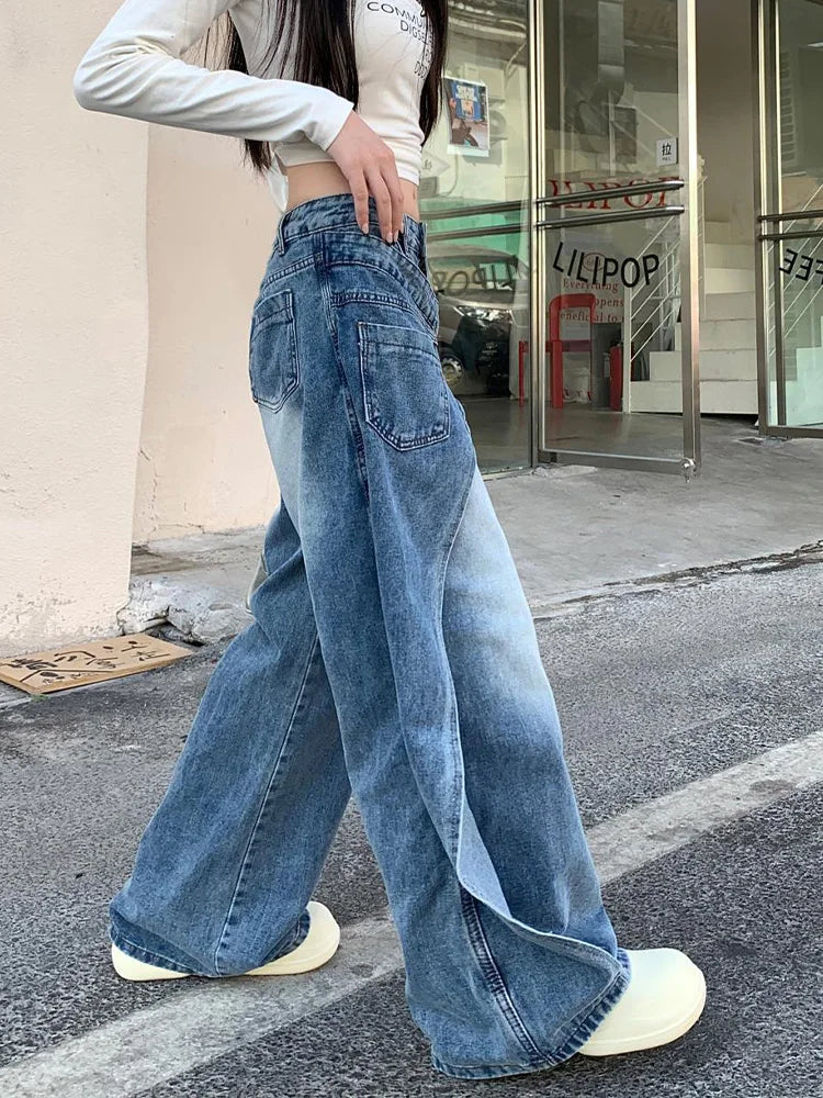Cralom Vintage Blue Washed High Waist Straight Jeans for Women