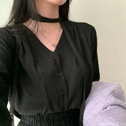 Cralom Classic Black Bow Tie Blouse Elegant Office Style Ruffled Long Sleeve Top