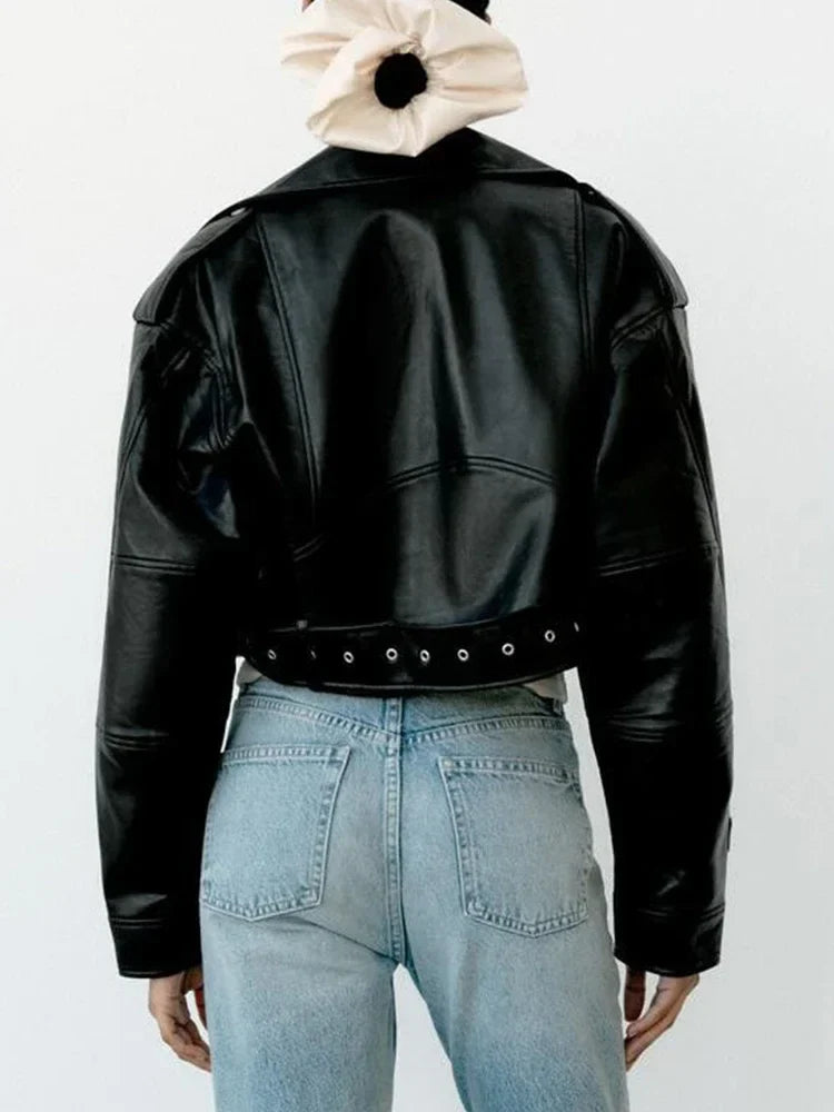 Cralom Oversized Vintage Faux Leather Jacket with Belt & Zipper – Retro Moto Biker Coat