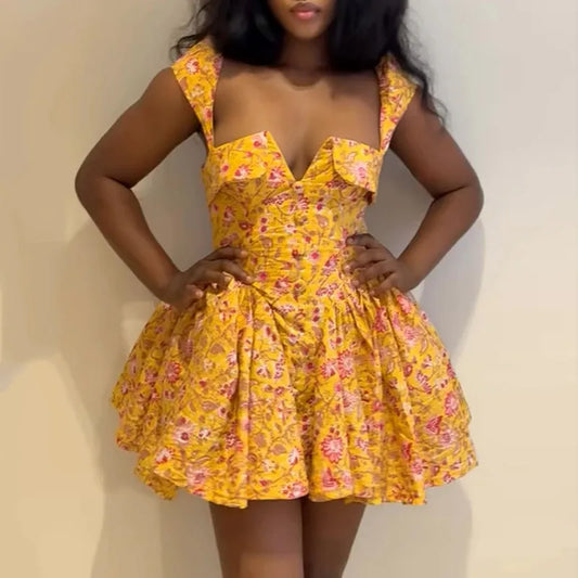 Cralom Square Neck Printed A-line Short Dress