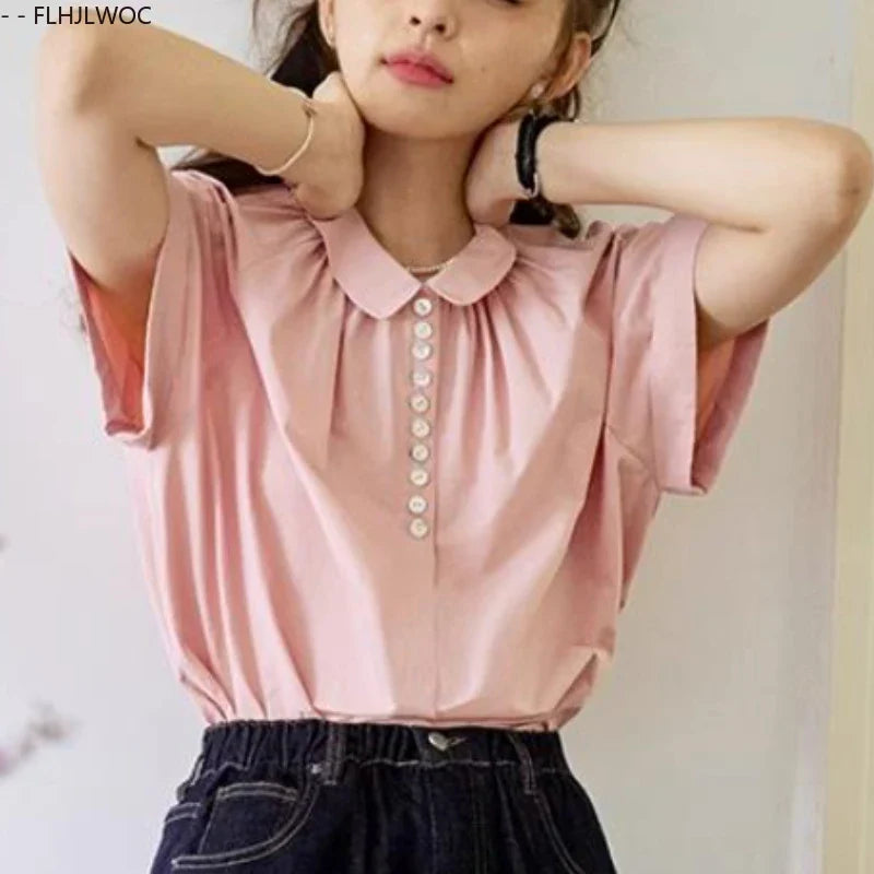 Cralom Short Sleeve Peter Pan Collar Top - Pink Vintage Summer Blouse