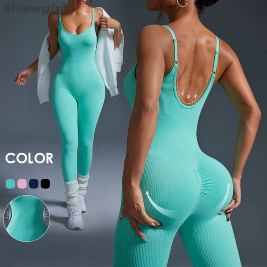Cralom Ribbed Yoga Push Up Jumpsuit Set, Sleeveless Gym Fitness Tracksuit