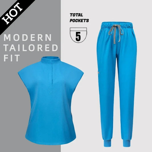Cralom Blue Medical Scrub Set Top Pants Jogger Suit