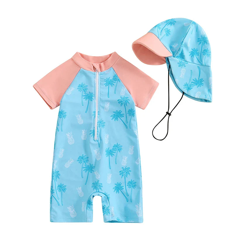 Cralom Baby Boy Swimwear Set with Sun Hat, Rash Guard, and Casual Zip-Up Shorts