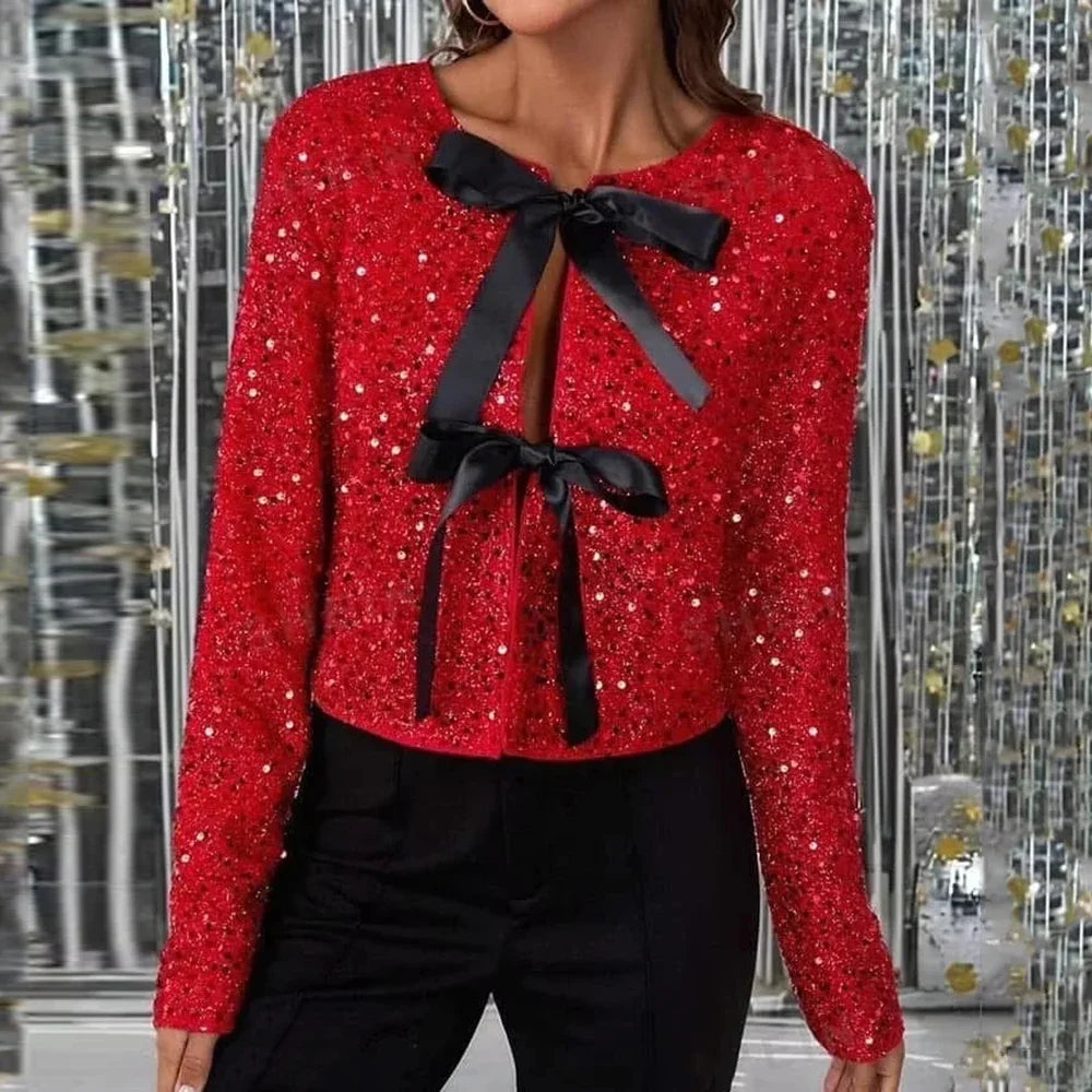 Cralom Sequin Patchwork Lace Up Jacket - Stylish Women's Coat