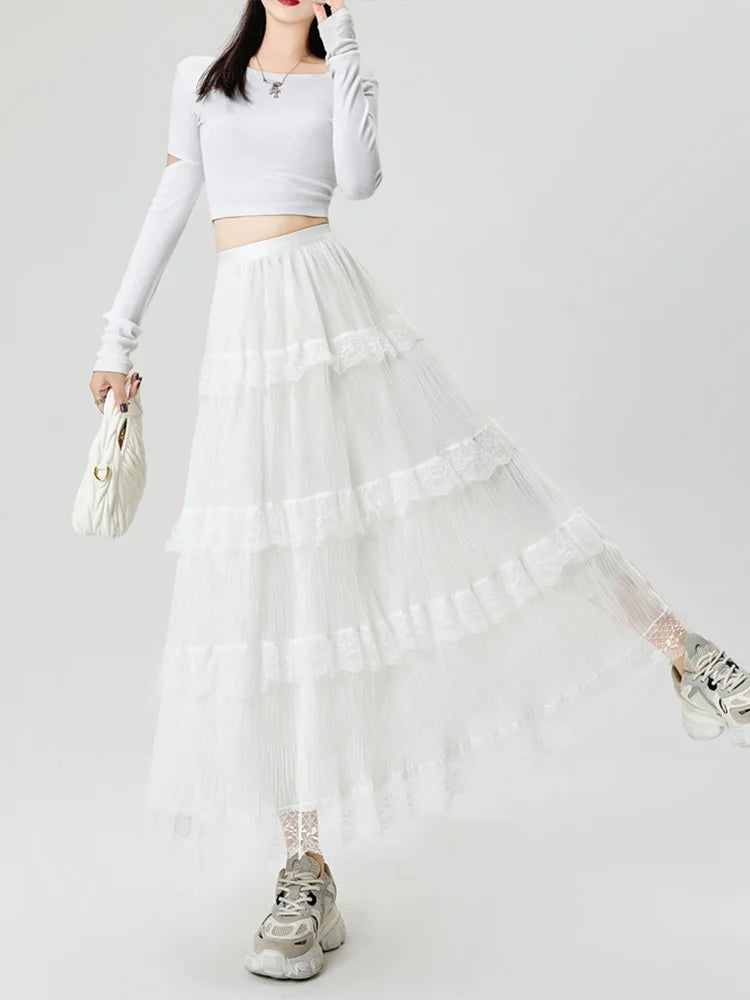 Cralom Lace Spliced A Line High Waist Pleated Skirt 2025 Elegant Summer Fashion