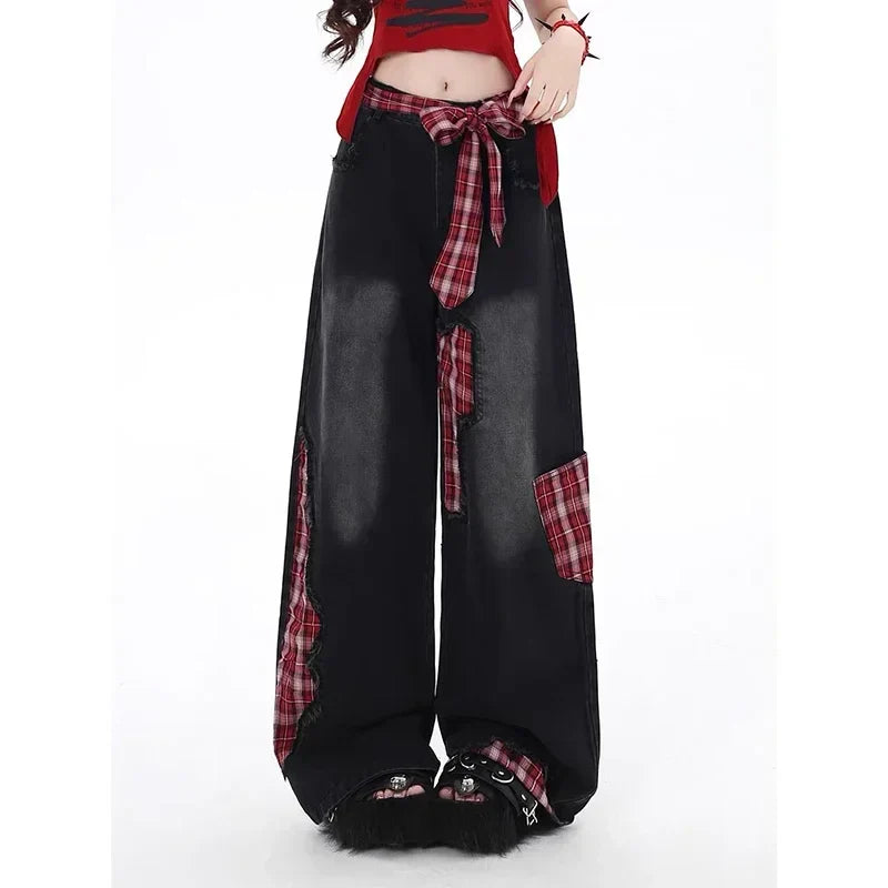 Cralom American Style Wide Leg Bow Jeans - High Waist Hottie Baggy Straight