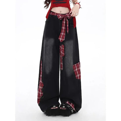 Cralom American Style Wide Leg Bow Jeans - High Waist Hottie Baggy Straight