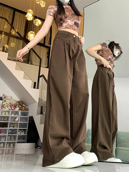 Cralom High Waist Wide Leg Pants: Korean Style Straight Baggy Trousers
