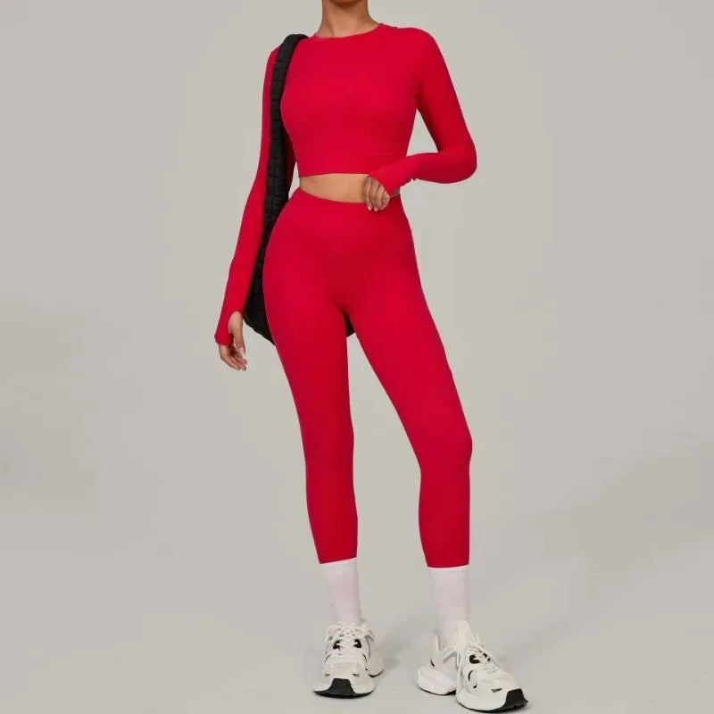 Cralom Brushed Yoga Set: Long Sleeve Top & High-Waist Leggings