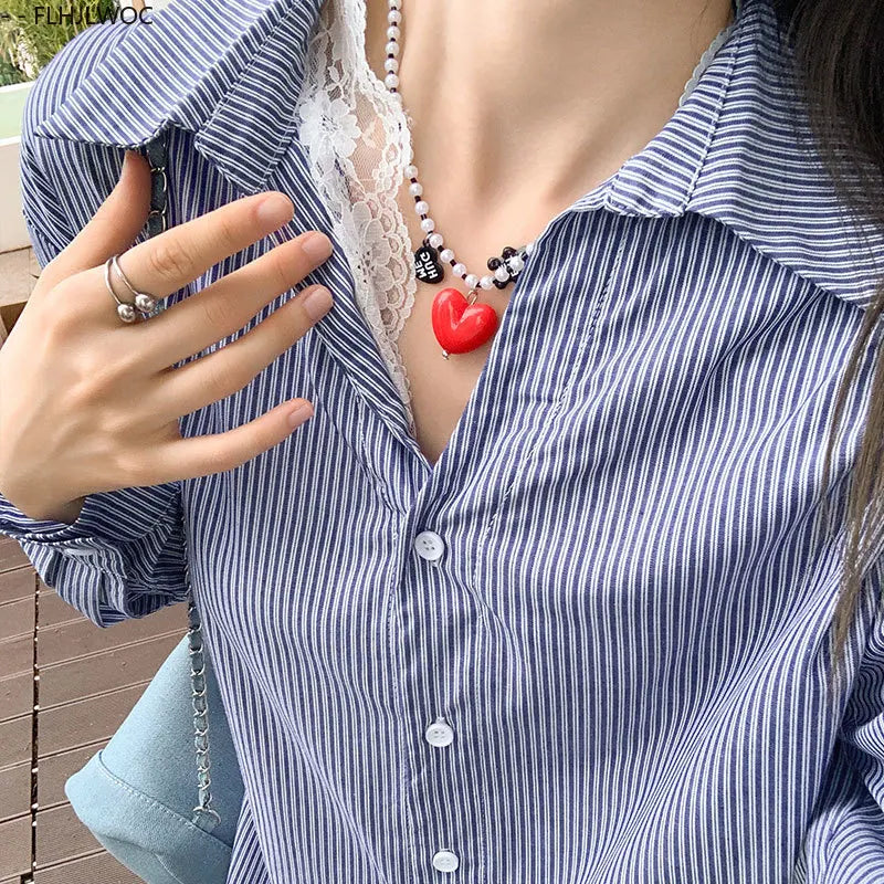 Cralom Retro Blue Striped Shirt: Women's Preppy Button-Down Office Top