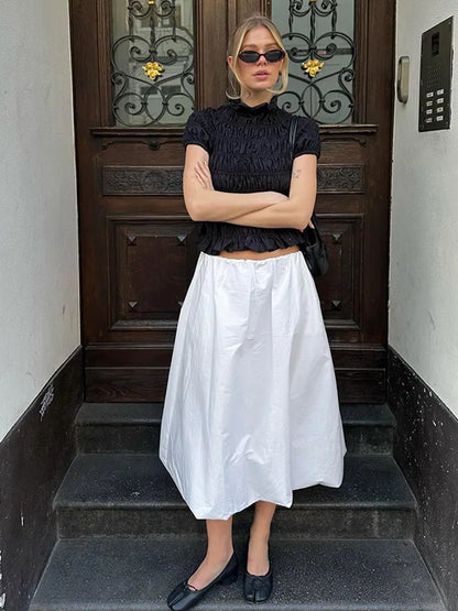 Cralom Lace Up Pleated High Neck Shirt - Vintage Style Slim Fit Top