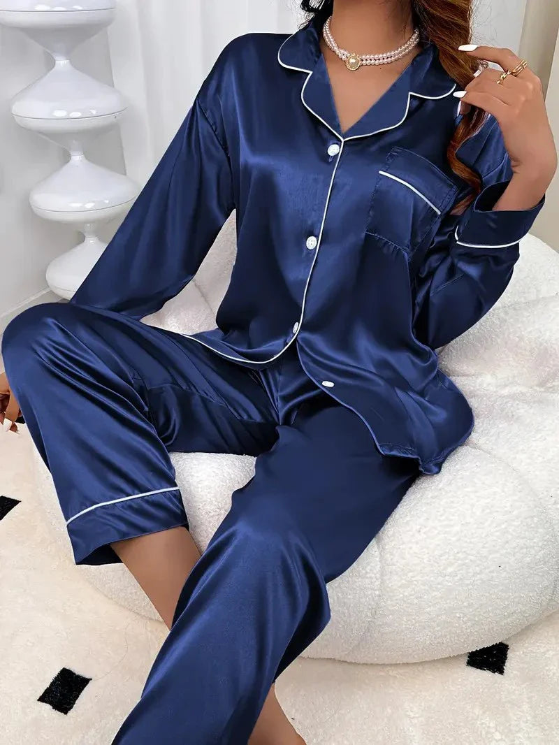 Cralom Satin Pajama Set: Long Sleeve Top & Elastic Pants for Women's Sleepwear
