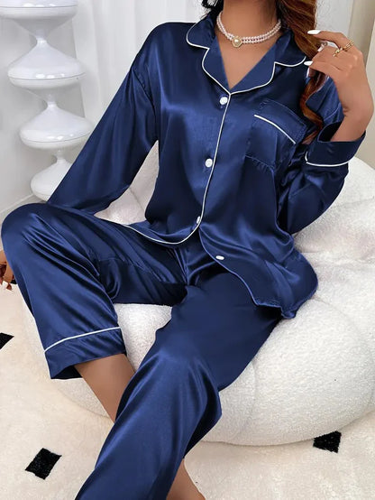 Cralom Satin Pajama Set: Long Sleeve Top & Elastic Pants for Women's Sleepwear
