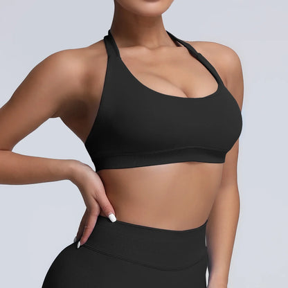 Cralom Yoga Halter Sports Bra Open Back Padded Crop Top Gym Fitness Running Top