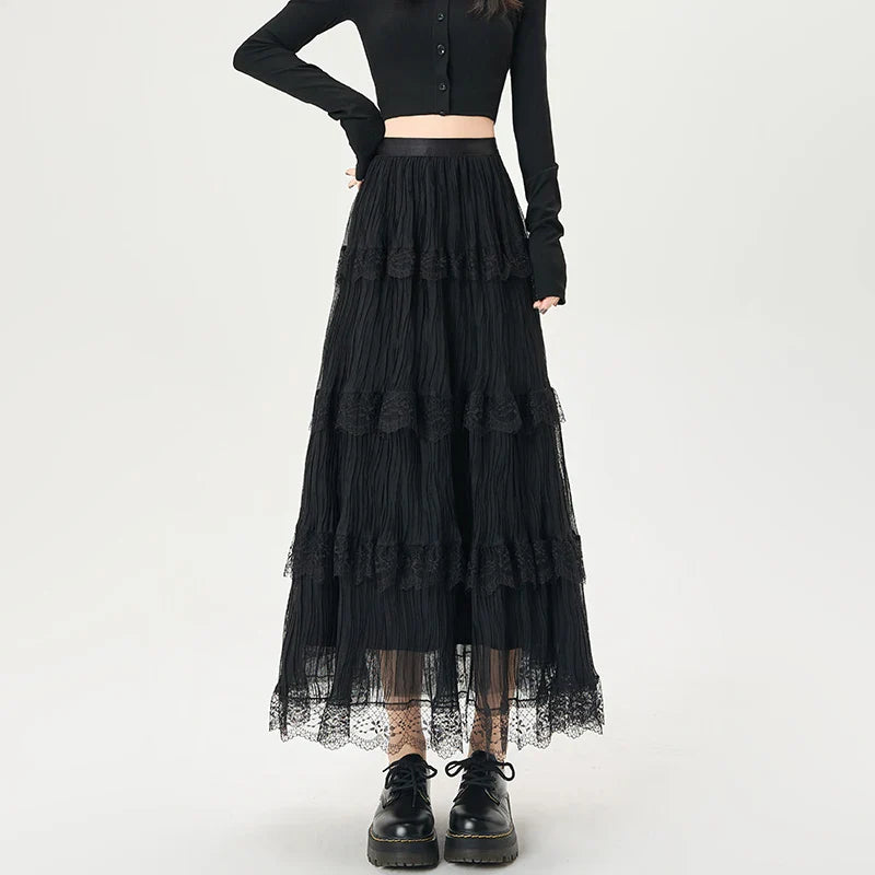 Cralom Lace Spliced A Line High Waist Pleated Skirt 2025 Elegant Summer Fashion