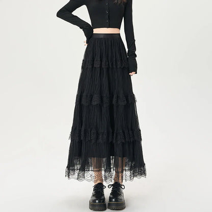 Cralom Lace Spliced A Line High Waist Pleated Skirt 2025 Elegant Summer Fashion