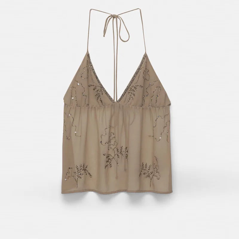 Cralom Sequin Embroidery Halter Vest Rhinestone Lace Up Sleeveless Top