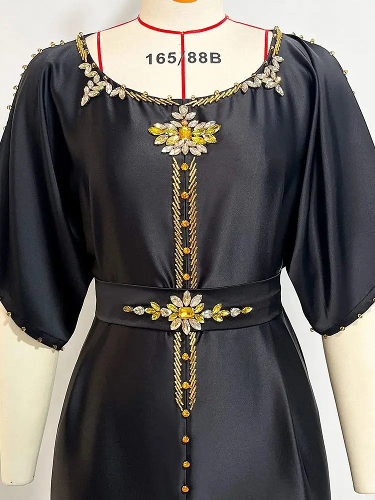 Cralom Black Satin Off Shoulder Abaya Dress - Plus Size Luxury Muslim Wear