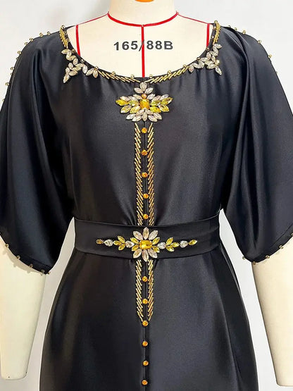 Cralom Black Satin Off Shoulder Abaya Dress - Plus Size Luxury Muslim Wear