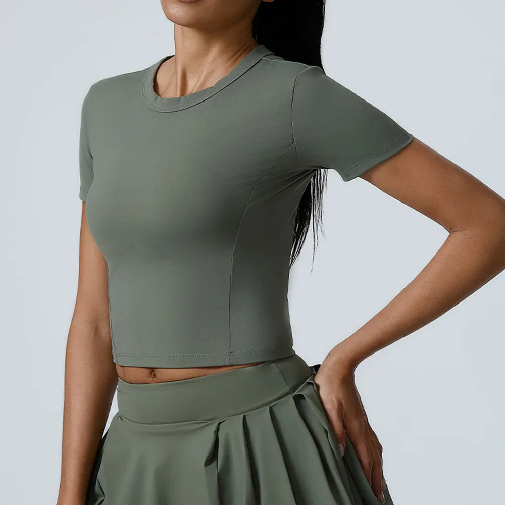 Cralom Yoga High Elastic Fitness Top: Short Sleeve Dance Running Gym Workout Tee