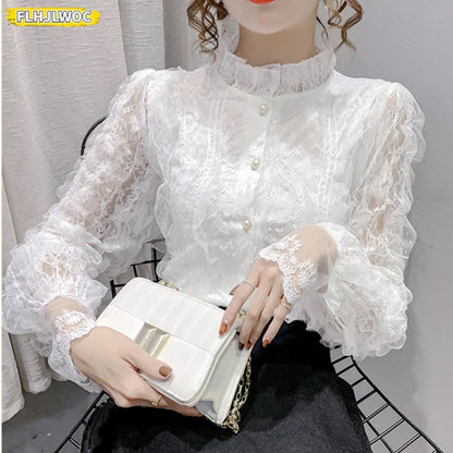 Cralom Women's Lace Ruffled White Turtleneck Blouse Elegant Office Lady Chic Top