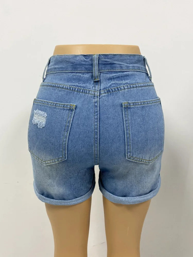 Cralom High Waist Distressed Edge Curl Denim Shorts Women's Y2K Fashion