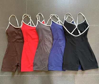 Cralom Color Block Yoga Jumpsuit for Women: Cross Strap, Push-Up, Butt-Lifting Bodysuit