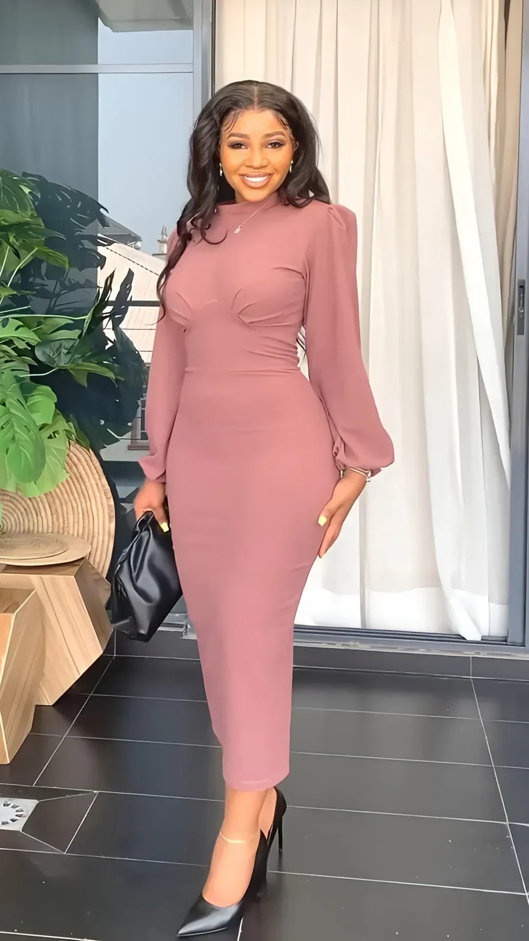Cralom Round Neck Long Sleeve Hollow Sleeve Women's Dress