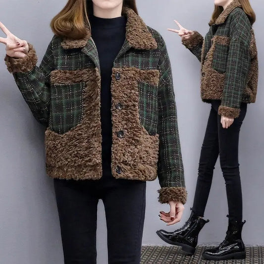 Cralom Fluffy Plaid Fleece Jacket for Women Warm Winter Coat