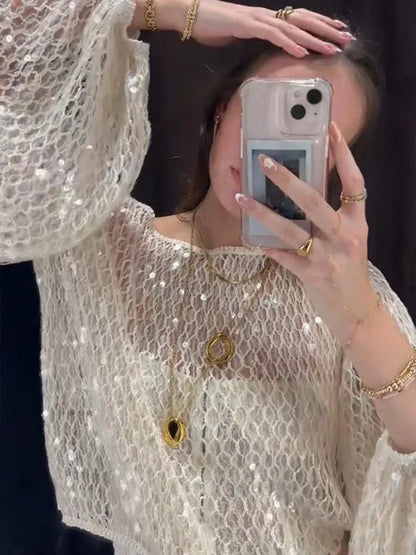 Cralom Sequin Knit Blouse: Women's Long Sleeve Pullover Top, Chic Vacation Style