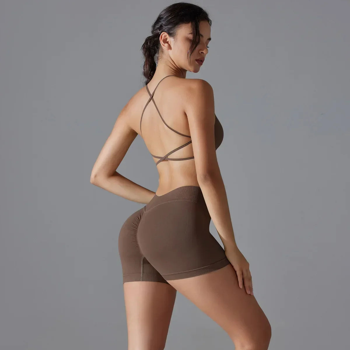 Cralom Women's Seamless Yoga Set - Cross Back Bra & Buttocks Gym Shorts
