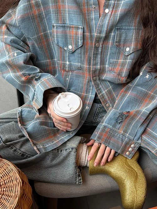 Cralom Vintage Oversized Denim Plaid Shirt with Lapel Pocket