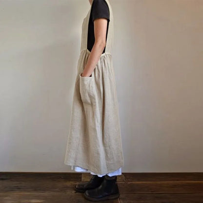 Cralom Sleeveless Cotton Linen Jumpsuit with Apron Design