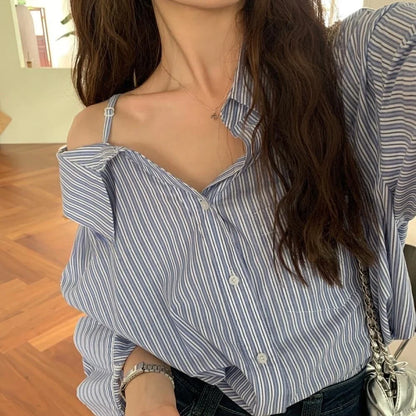 Cralom Off-Shoulder Striped Button Top: Chic, Sexy, and Casual Style