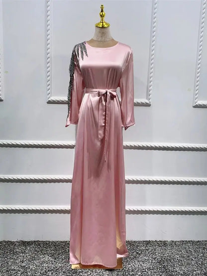 Pink Satin Ramadan Eid Abaya by Cralom - Modest Muslim Dress - Dubai Style
