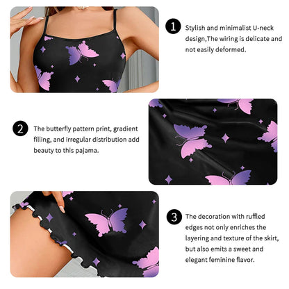 Cralom Butterfly Print Women's Sleeveless Nightdress Nightgown - Soft Lounge Sleepwear