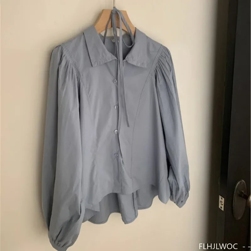 Cralom Autumn Cotton Turtleneck Tops, Chic French Style Button Shirts