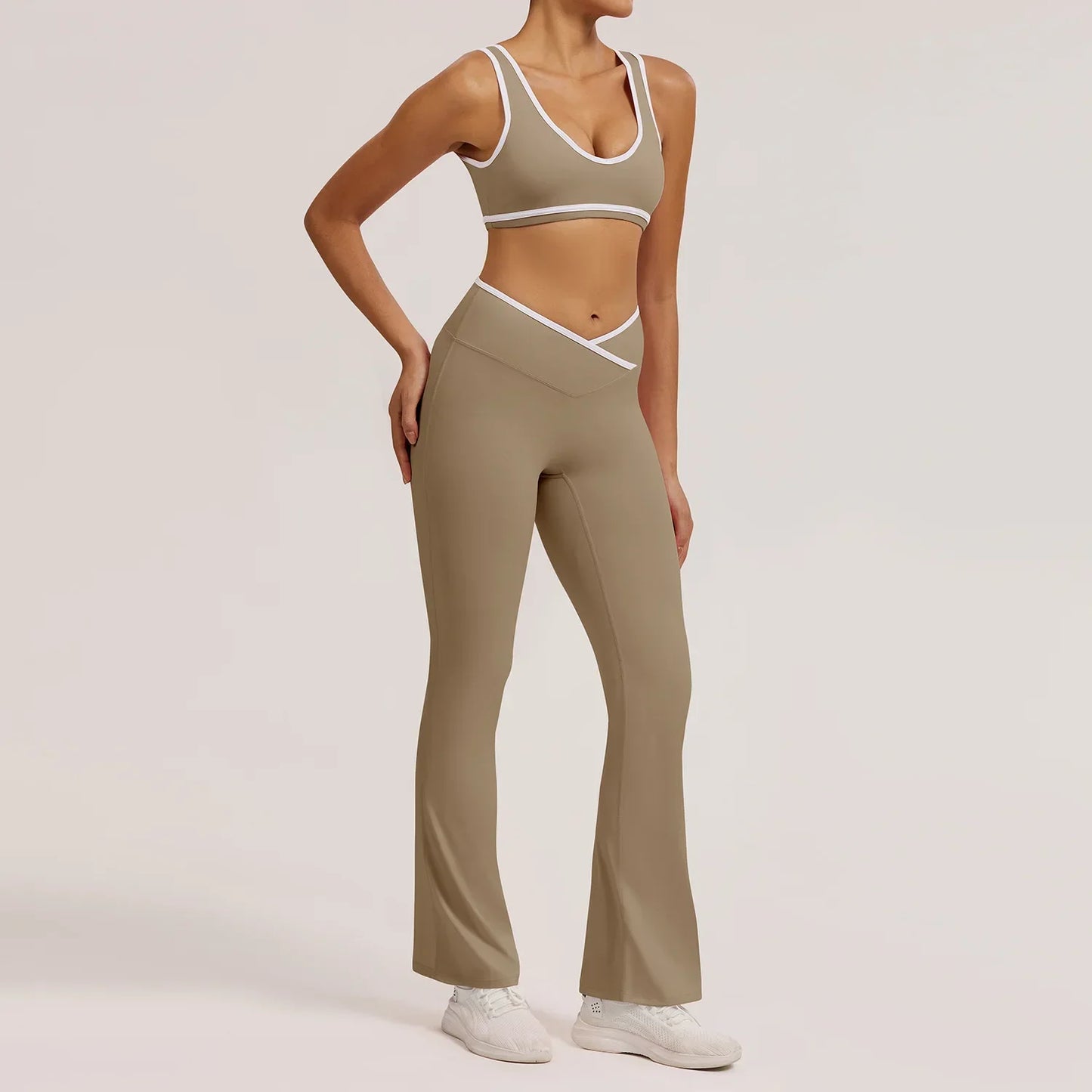 Cralom Seamless Yoga Set: Cross Waistband Pants & Nude Feel Sports Bra for Gym
