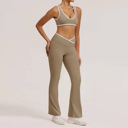 Cralom Seamless Yoga Set: Cross Waistband Pants & Nude Feel Sports Bra for Gym