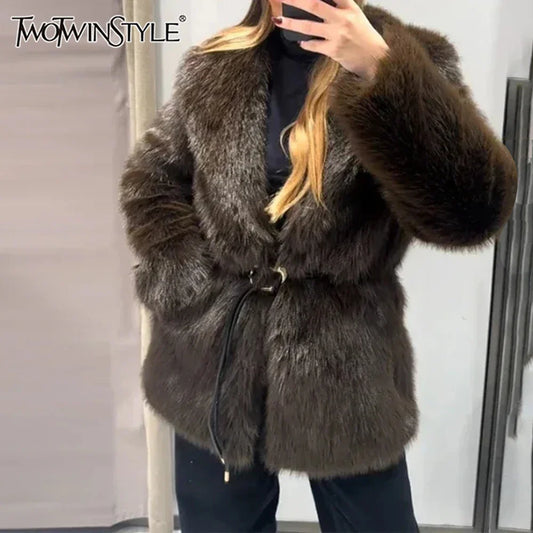 Cralom Loose Spliced Belt Jacket for Women - Fashionable Mao Mao Style