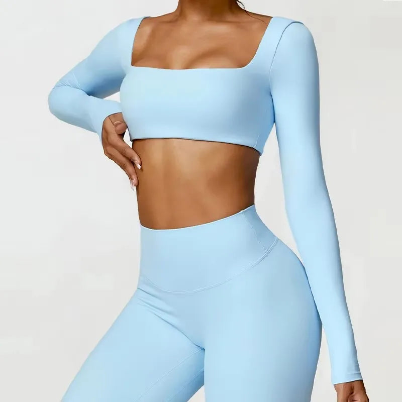 Cralom Square Neck Gym Top: Quick Dry Long Sleeve Crop Top for Women