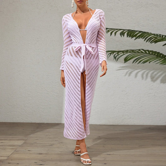 Cralom Mesh Hollow Chest Wrap Long Sleeve Top Dress - Summer 2025