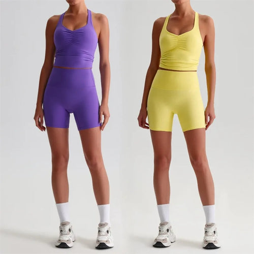 Cralom Women's Naked Feel Yoga Set with Backless Sports Bra and Butt Lifting Tight Shorts
